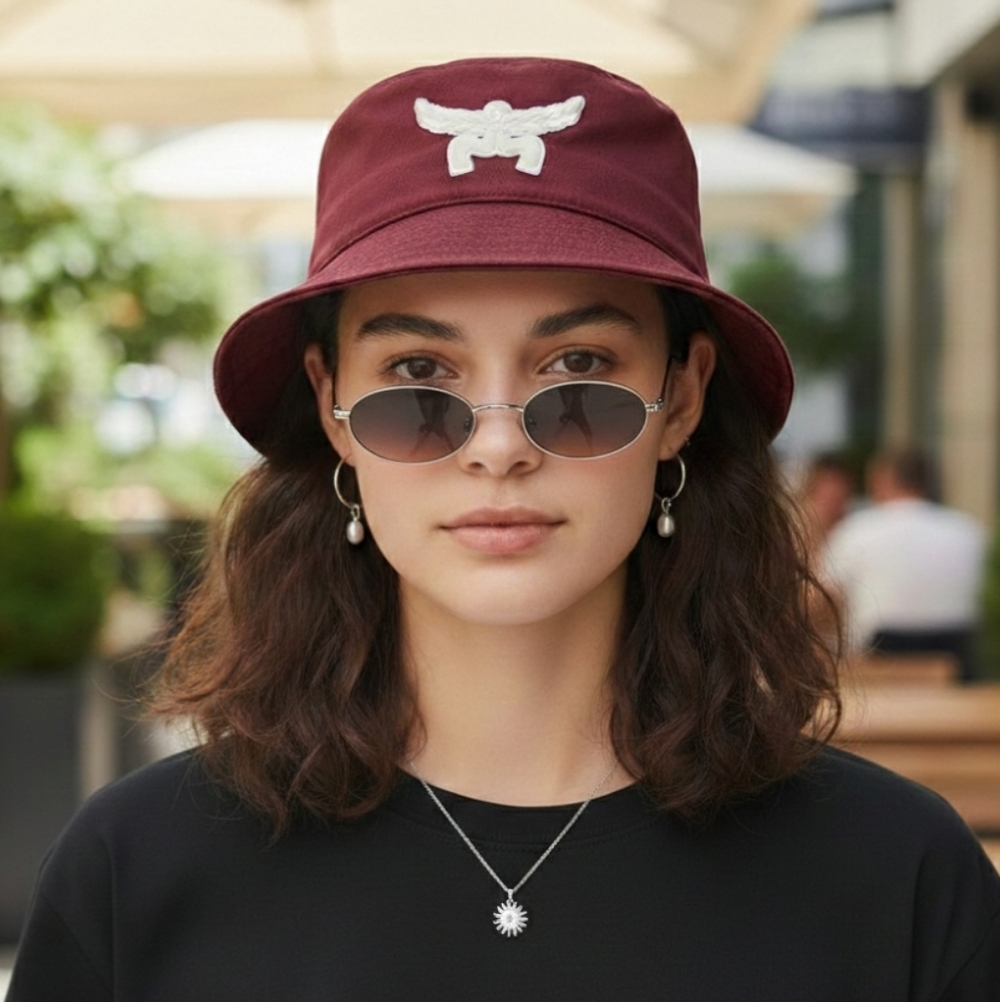 New MCM Burgundy Bucket Hat with Embroidered Logo - Unisex